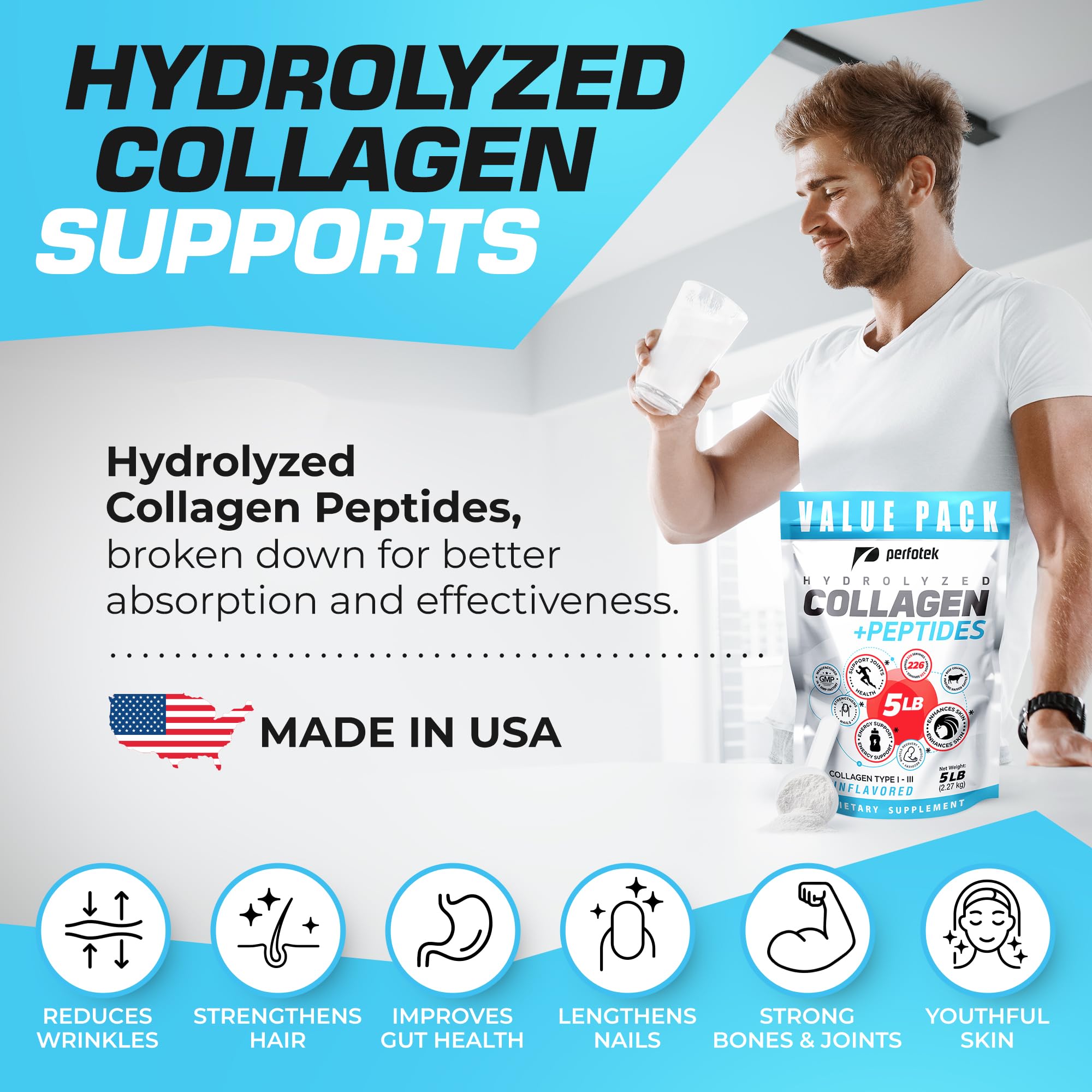 Perfotek Collagen Powder dissolves in water for a light, refreshing mix.