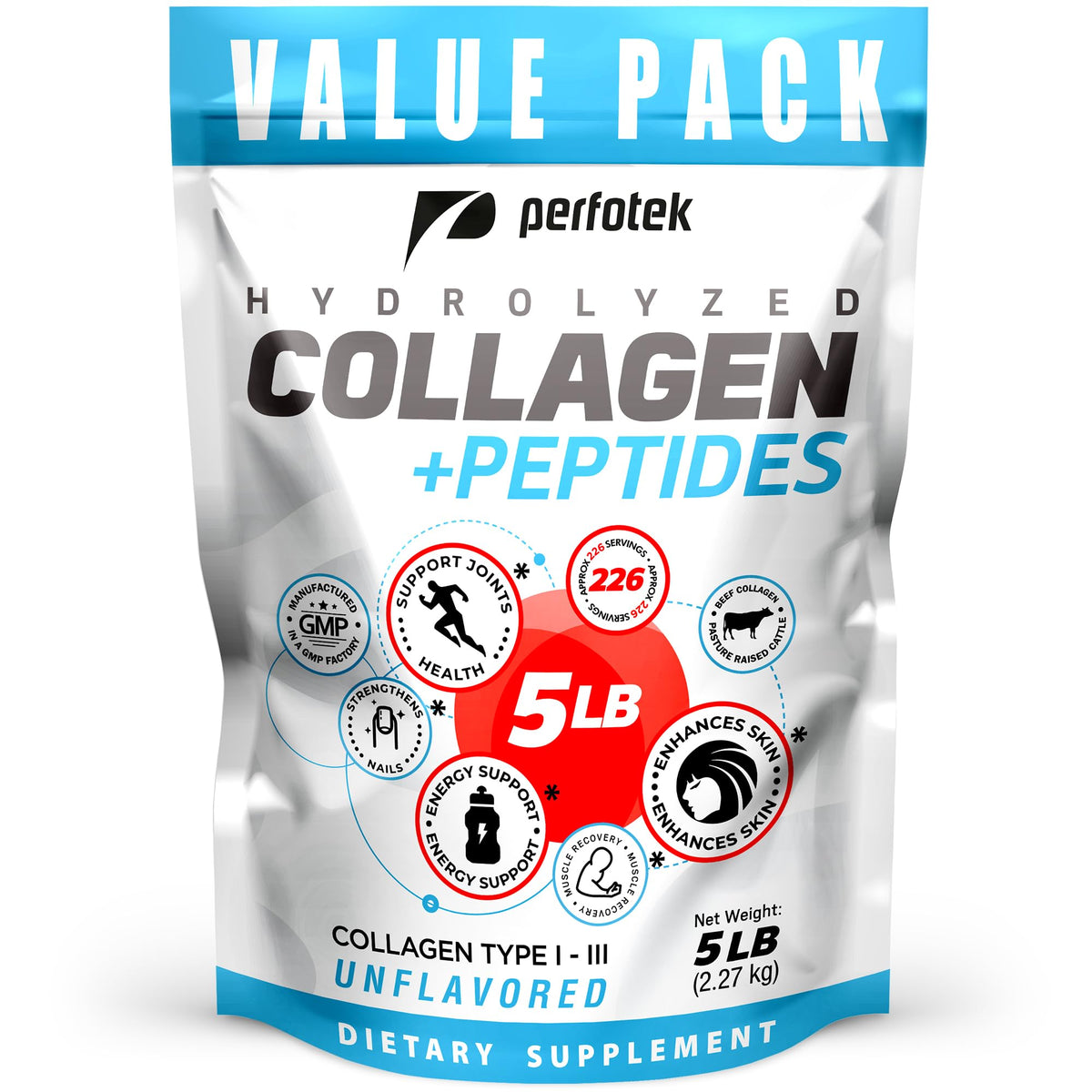Perfotek Collagen Powder tub front showcases unflavored formula for daily wellness.