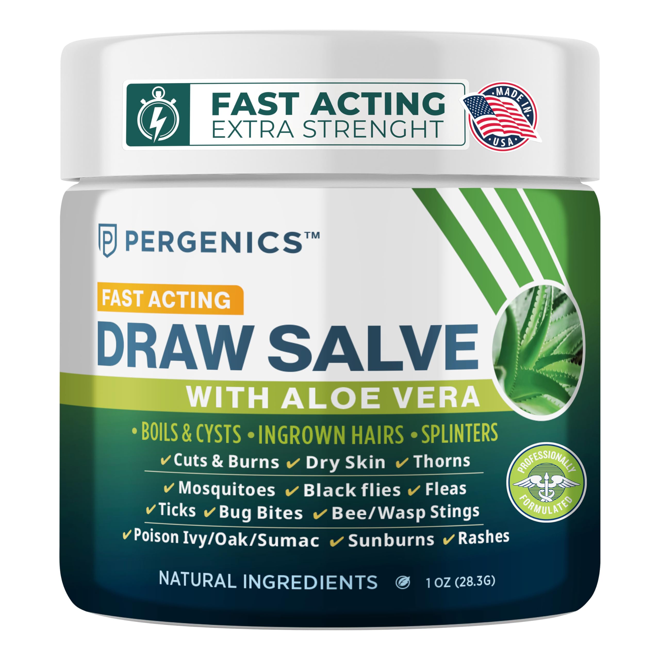 Pergenics Drawing Salve Aloe Vera ointment bottle for soothing skin comfort.