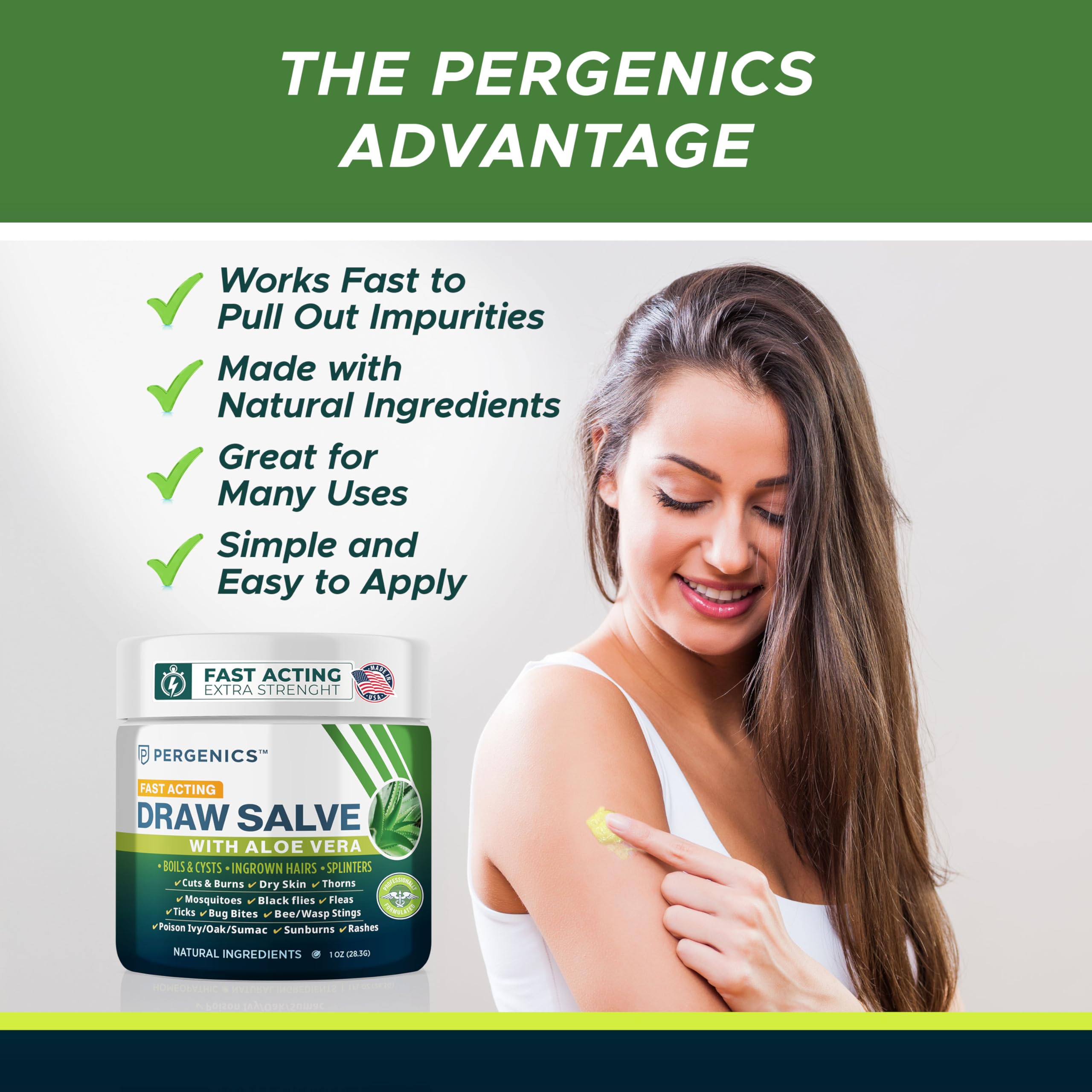 Pergenics Drawing Salve being applied to skin for minor irritations.