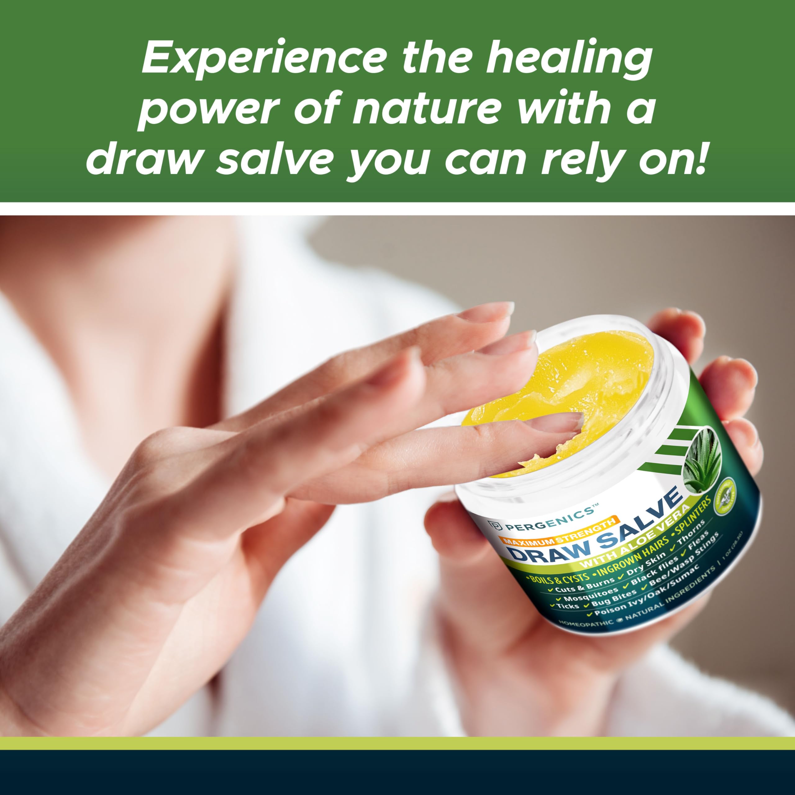 Pergenics Drawing Salve natural ingredients including Aloe Vera and olive oil.