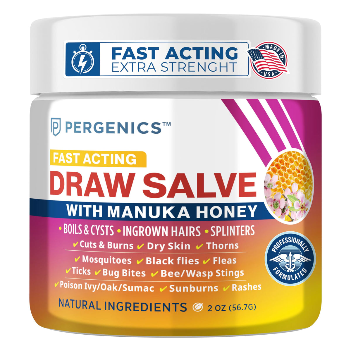 Pergenics Manuka Honey Draw Salve jar for soothing minor skin irritations