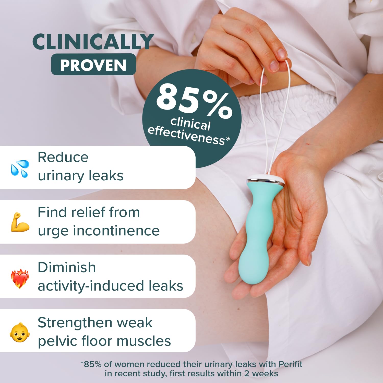 Perifit pelvic floor exerciser side view, ergonomic shape for easy placement.