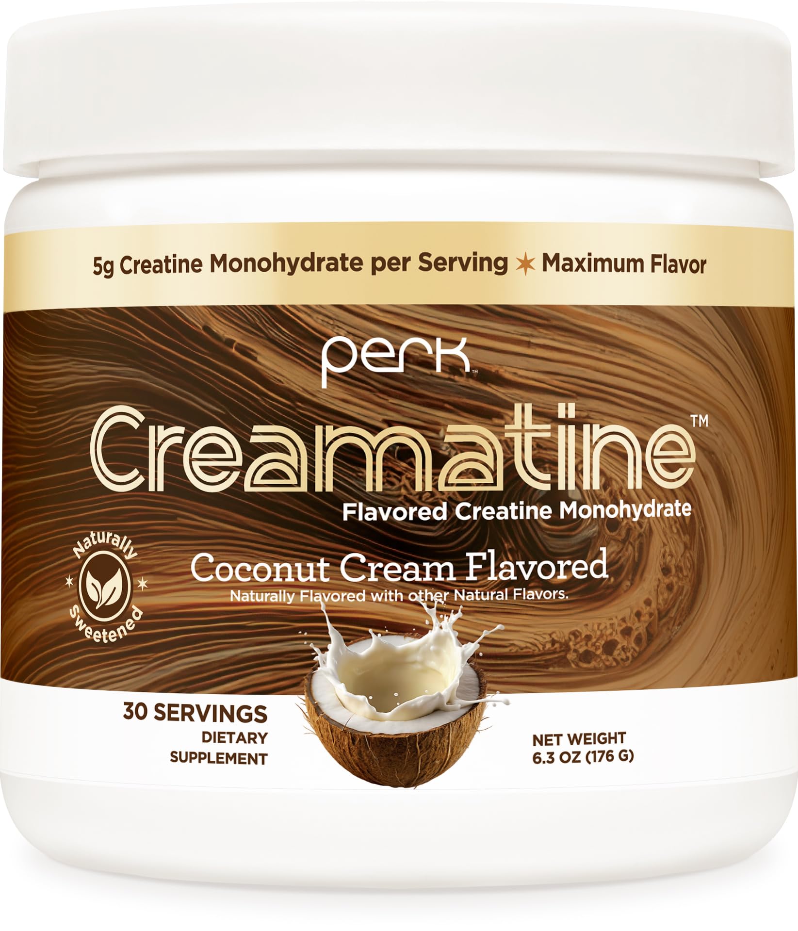 Perk Creamatine Coconut Cream tub shows 5 g per serving and sugar-free formula.