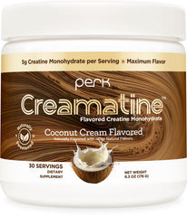Perk Creamatine Coconut Cream tub shows 5 g per serving and sugar-free formula.