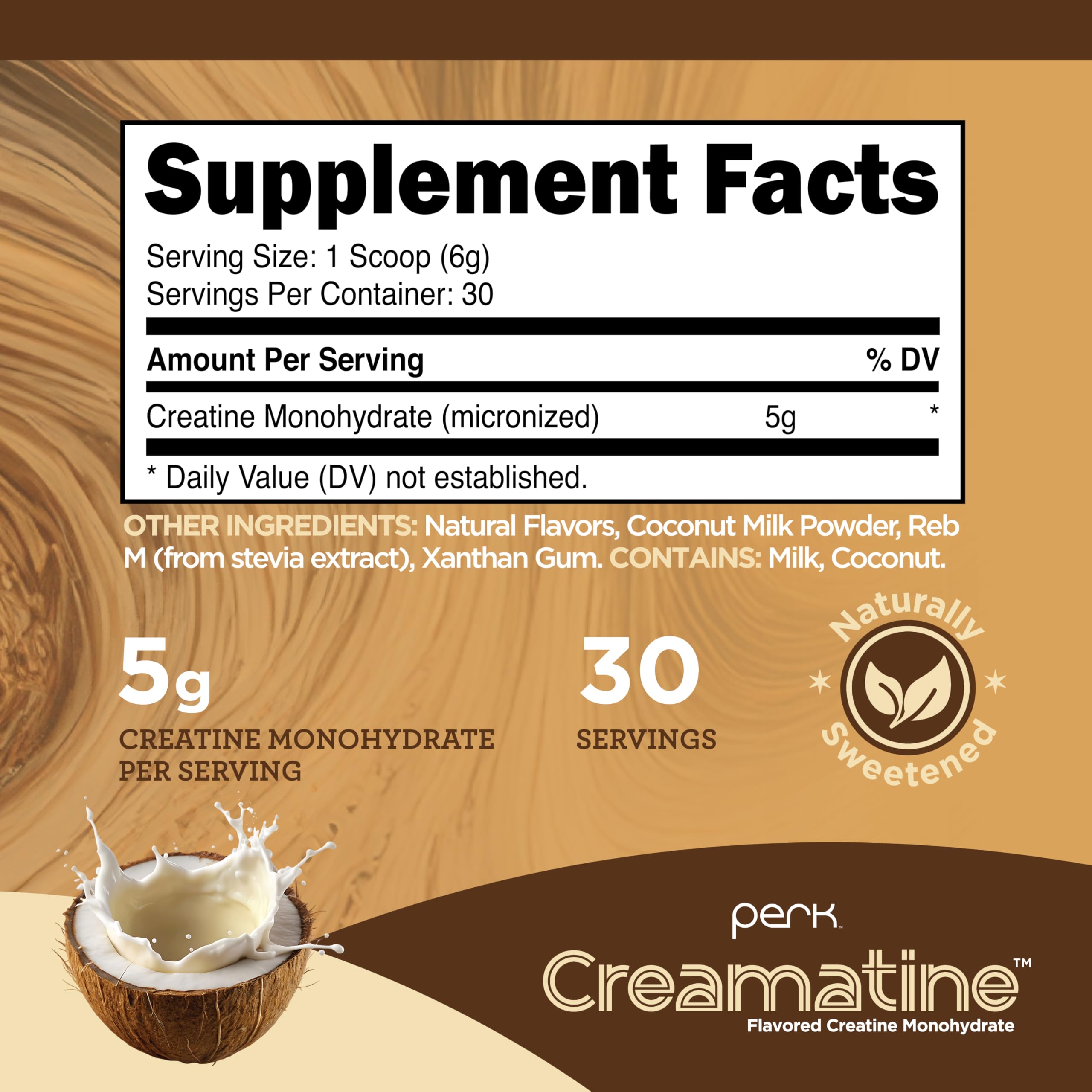 Perk Creamatine Coconut Cream scoop stirred into coffee for a creamy boost.