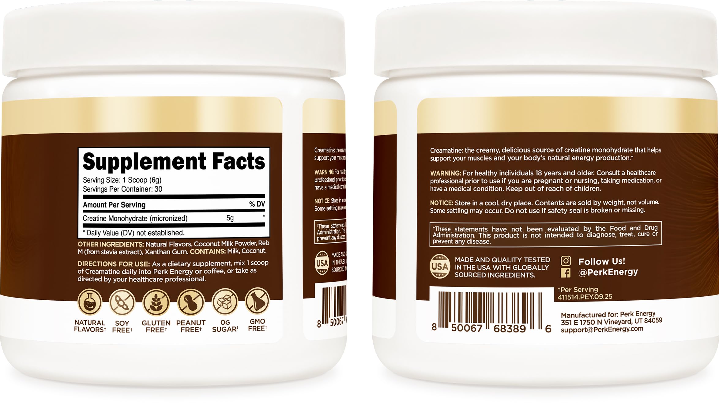 Perk Creamatine packaging highlights gluten-free, soy-free, and zero sugar.
