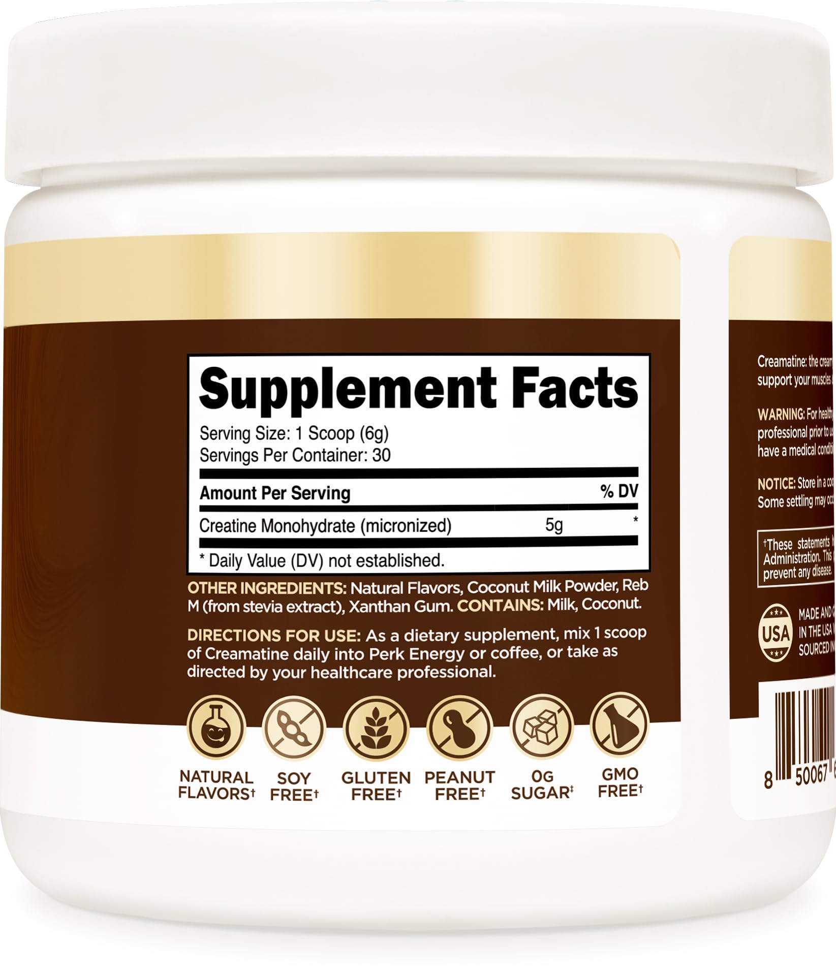 Close-up of Perk Creamatine powder scoop showing 5 g creatine per serving.