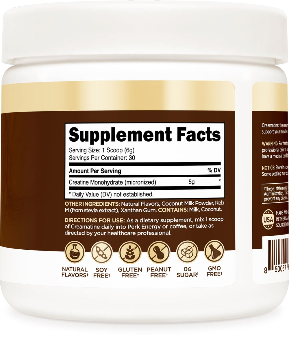 Close-up of Perk Creamatine powder scoop showing 5 g creatine per serving.