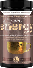 Perk Energy Original bottle shows dark chocolate salted caramel pretzel flavor for a convenient protein boost