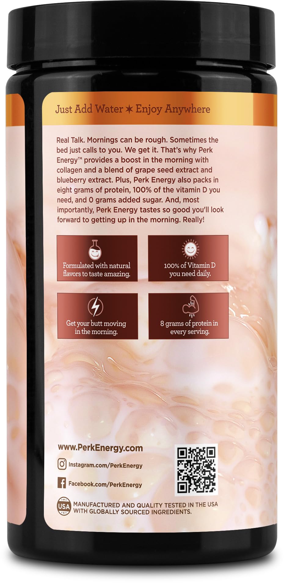 Perk Energy Horchata packaging close-up highlighting gluten-free and peanut-free