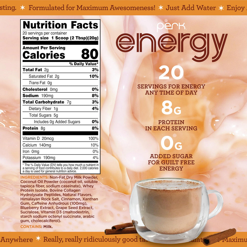Perk Energy Horchata powder scoop ready to mix after workout