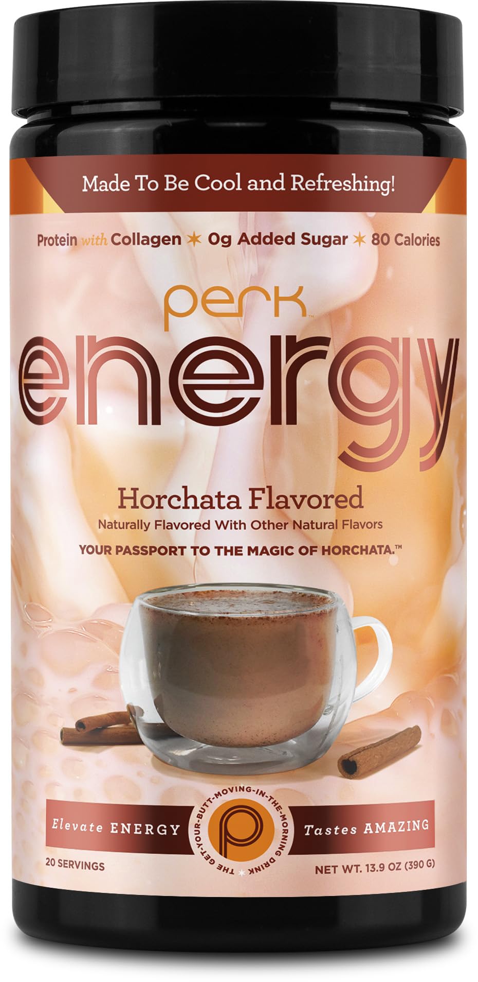 Perk Energy Horchata tub with scoop for on-the-go protein
