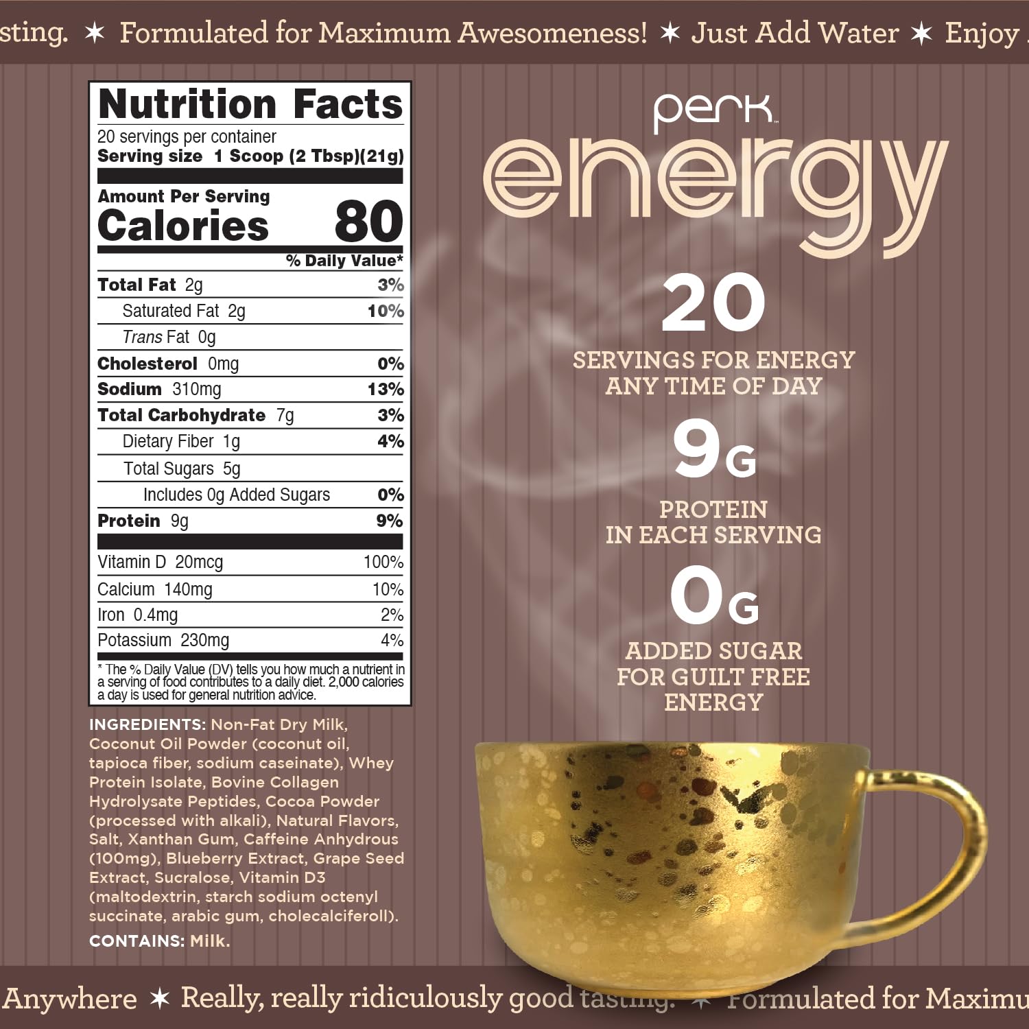 Perk Energy Original packaging close-up highlights gluten-free, soy-free, peanut-free formula for clean snacking
