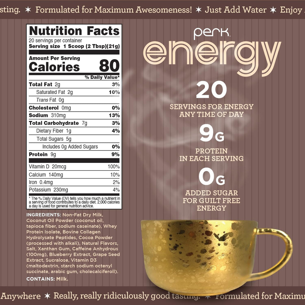 Perk Energy Original packaging close-up highlights gluten-free, soy-free, peanut-free formula for clean snacking
