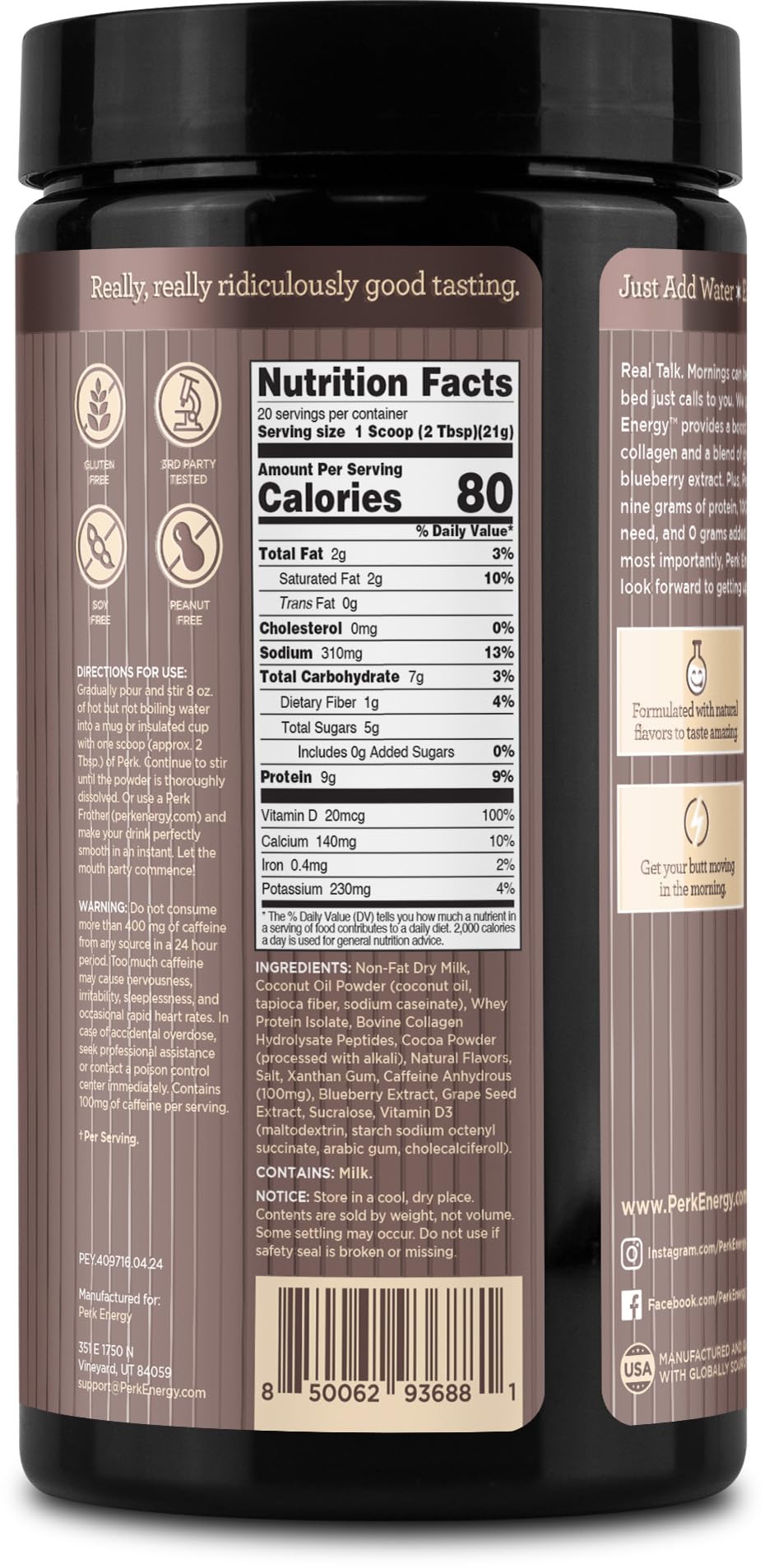 Perk Energy Original dark chocolate pretzel texture and salted caramel swirl detail