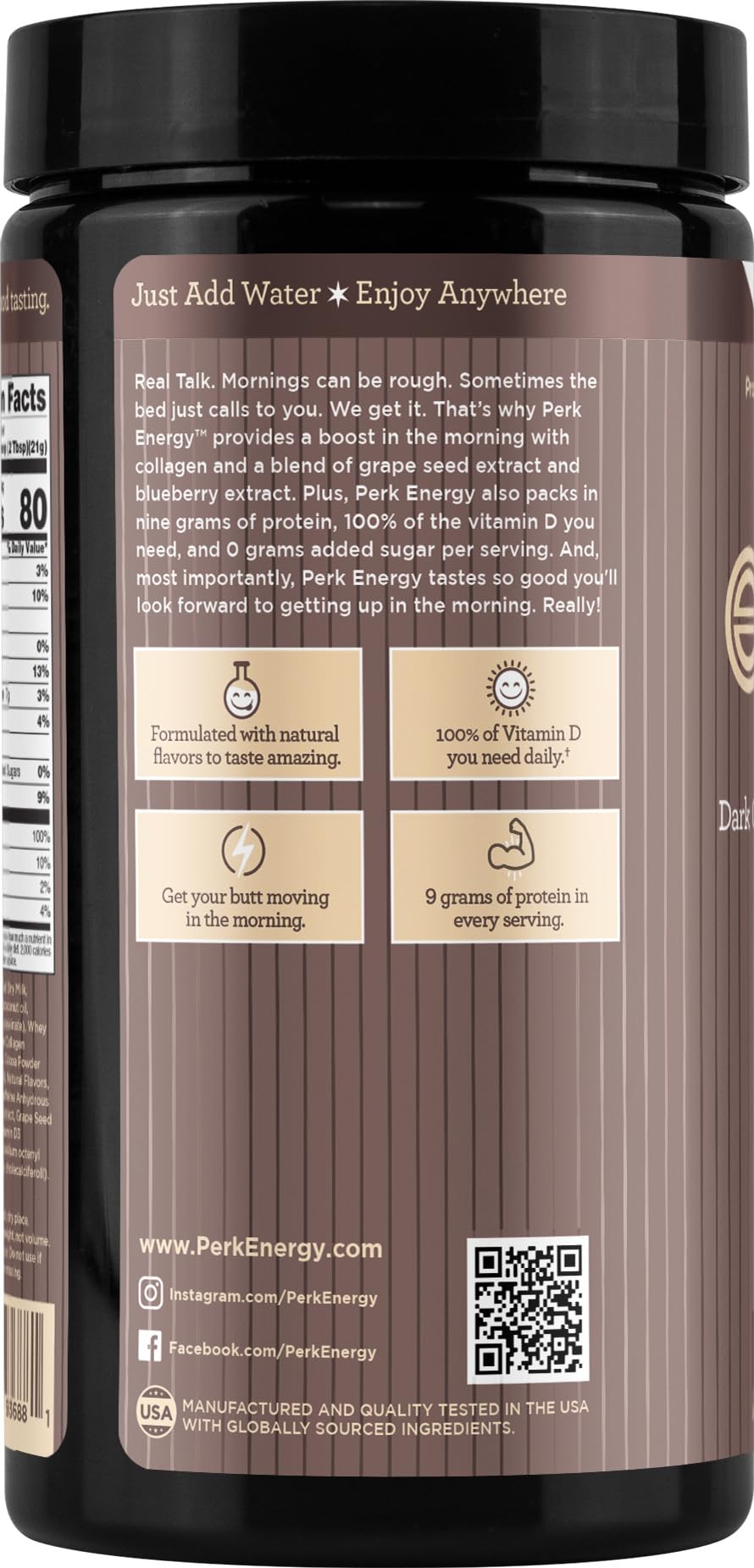 Perk Energy Original serving portion on plate showcases 9 g protein per serving