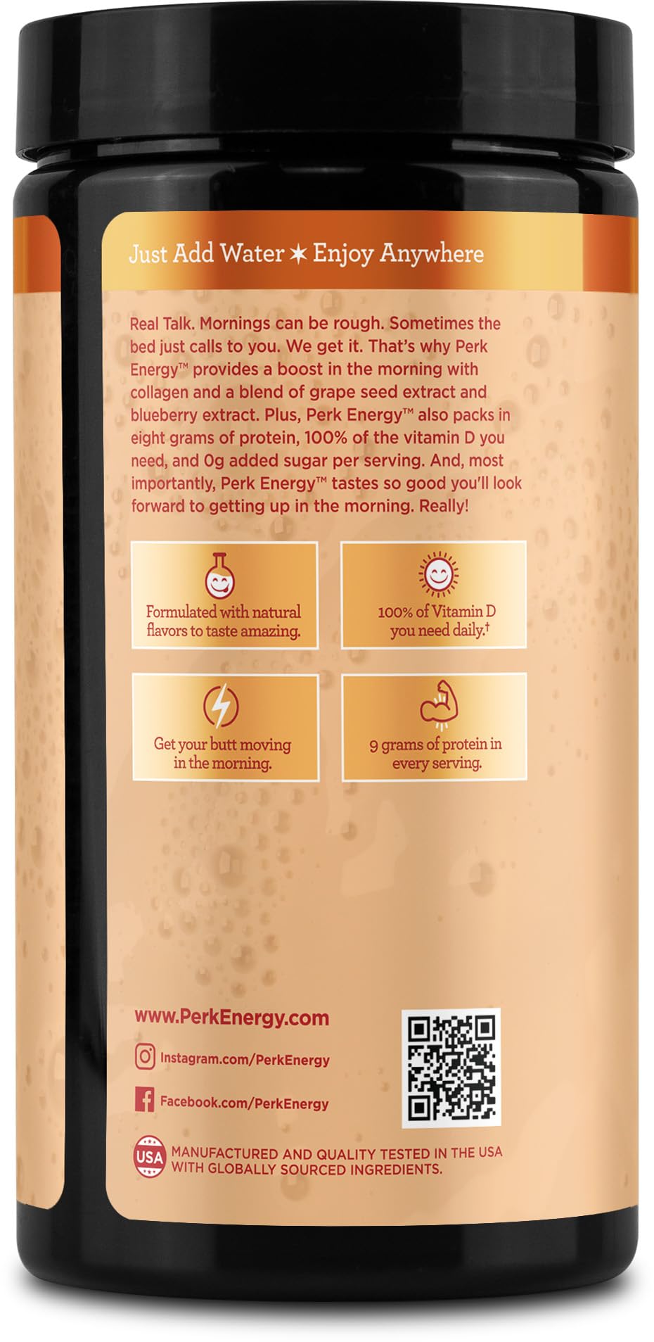 Perk Energy Vanilla Caramel Steamer ingredients panel with protein and vitamin details