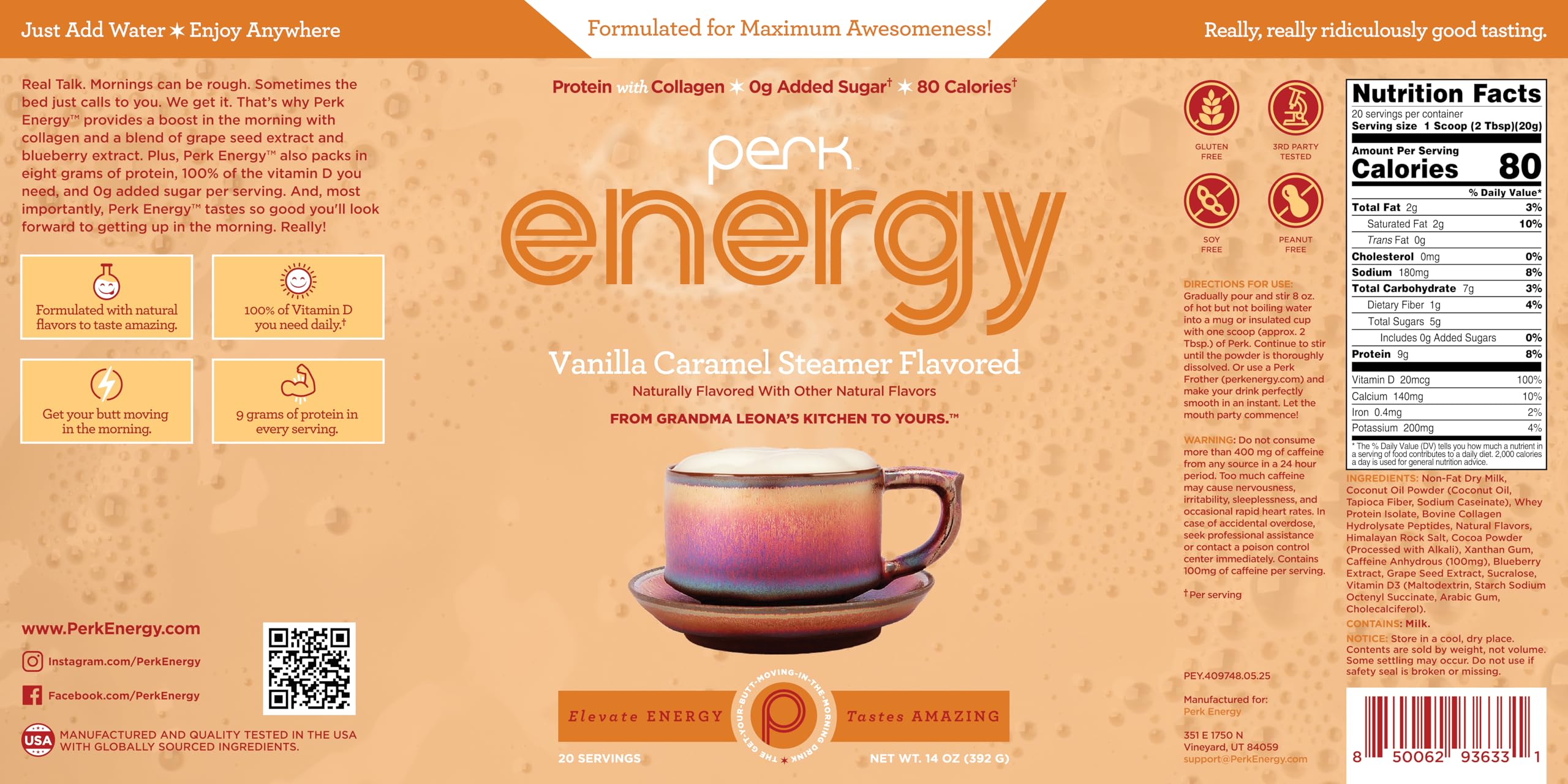 Perk Energy Vanilla Caramel Steamer packaging box — convenient gluten-free option