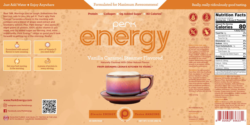 Perk Energy Vanilla Caramel Steamer packaging box — convenient gluten-free option