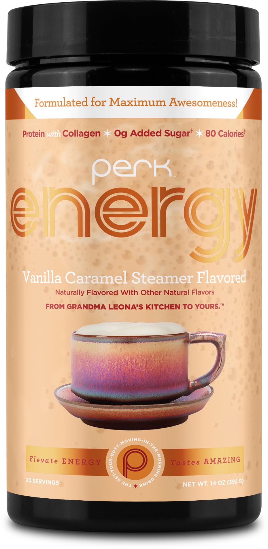 Perk Energy Vanilla Caramel Steamer tub front — gluten-free and zero added sugar