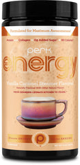 Perk Energy Vanilla Caramel Steamer tub front — gluten-free and zero added sugar