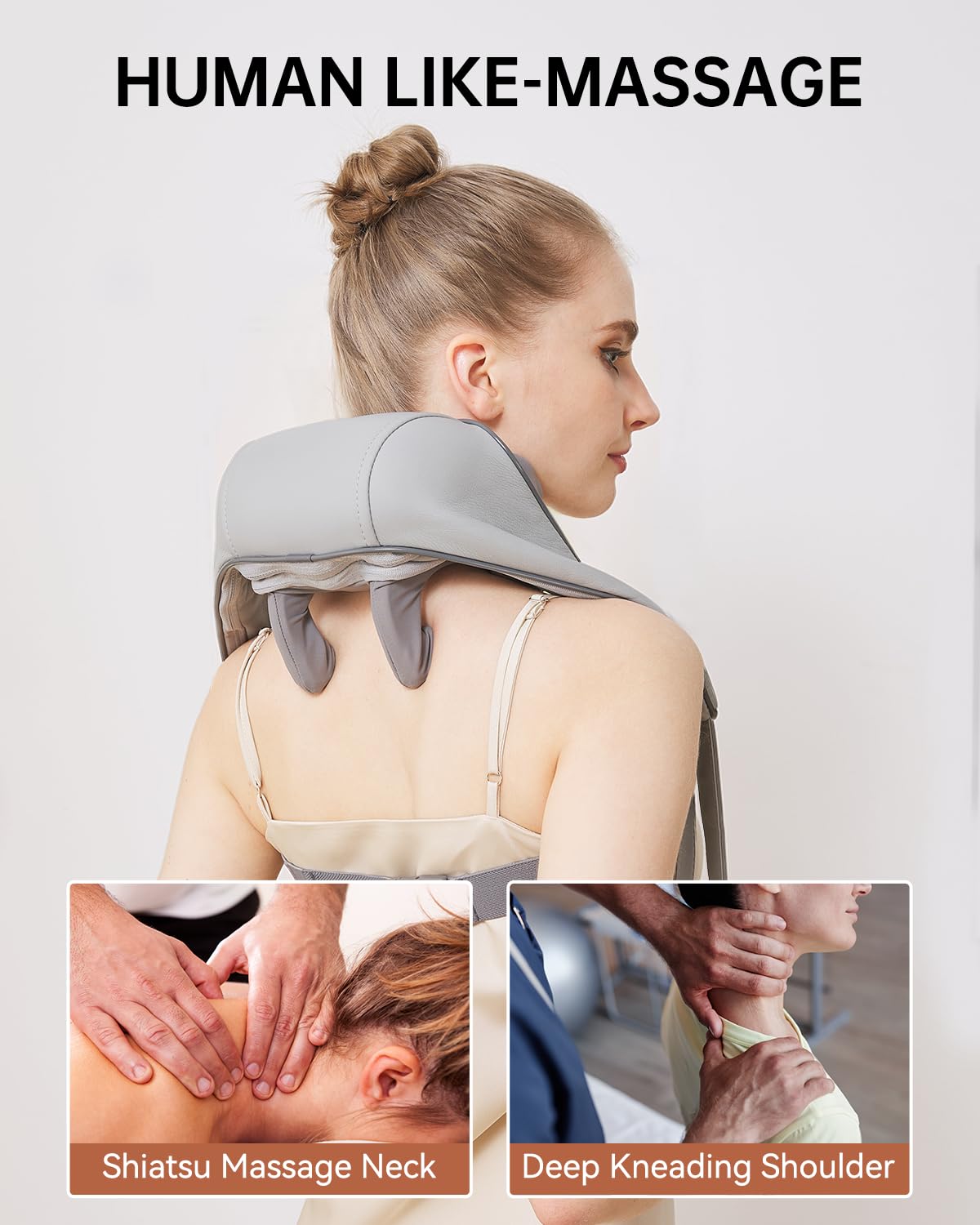 PERLEVI neck massager with heat function demonstrated on the neck