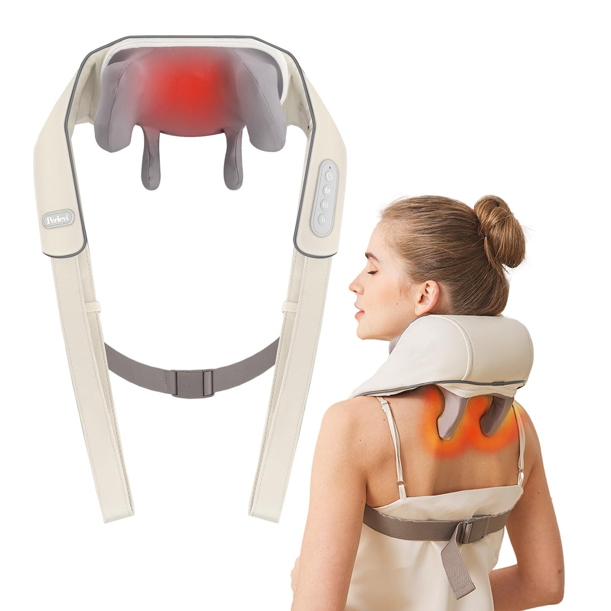 PERLEVI neck massager worn around neck for hands-free relaxation.