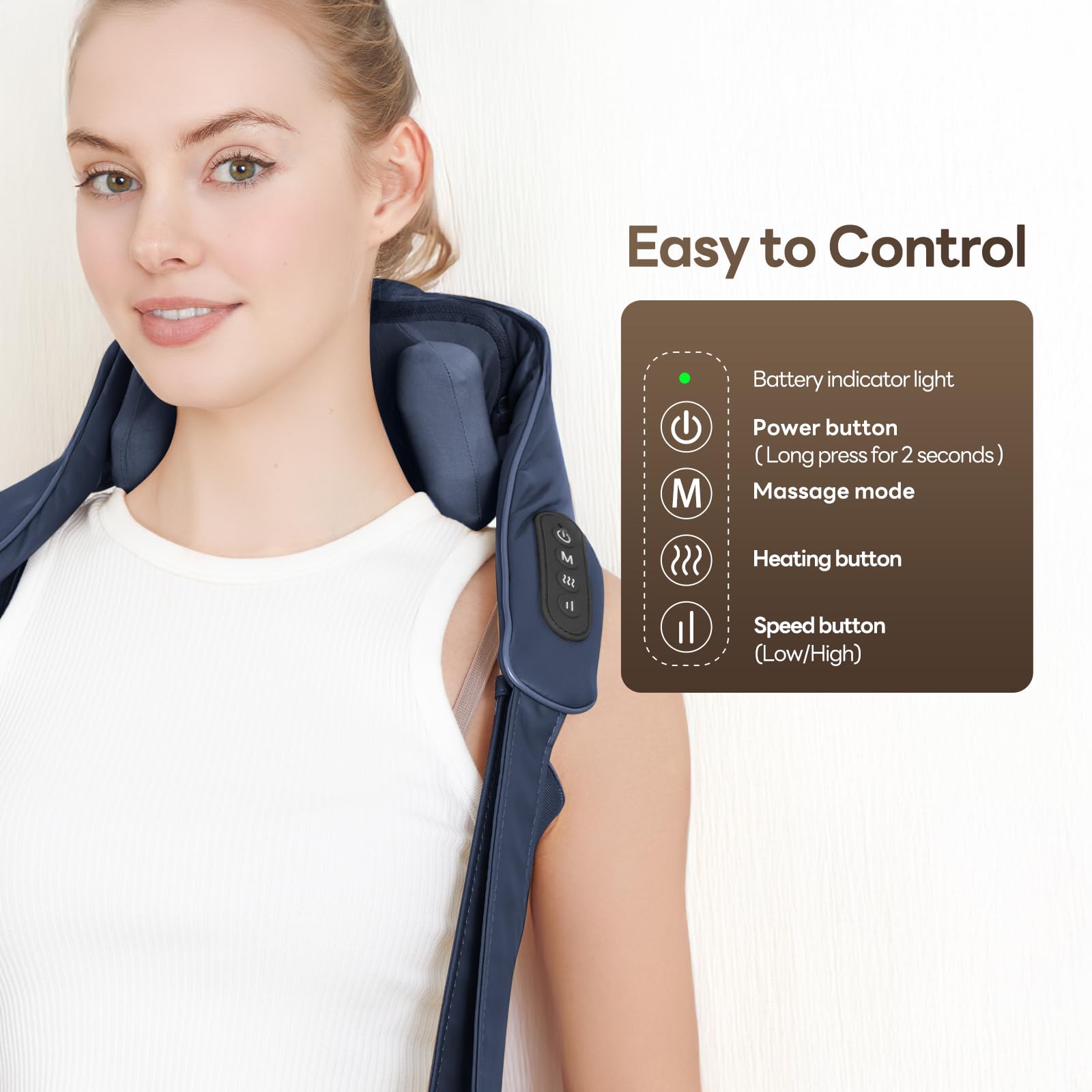 Cordless, rechargeable massager for on-the-go use anywhere.