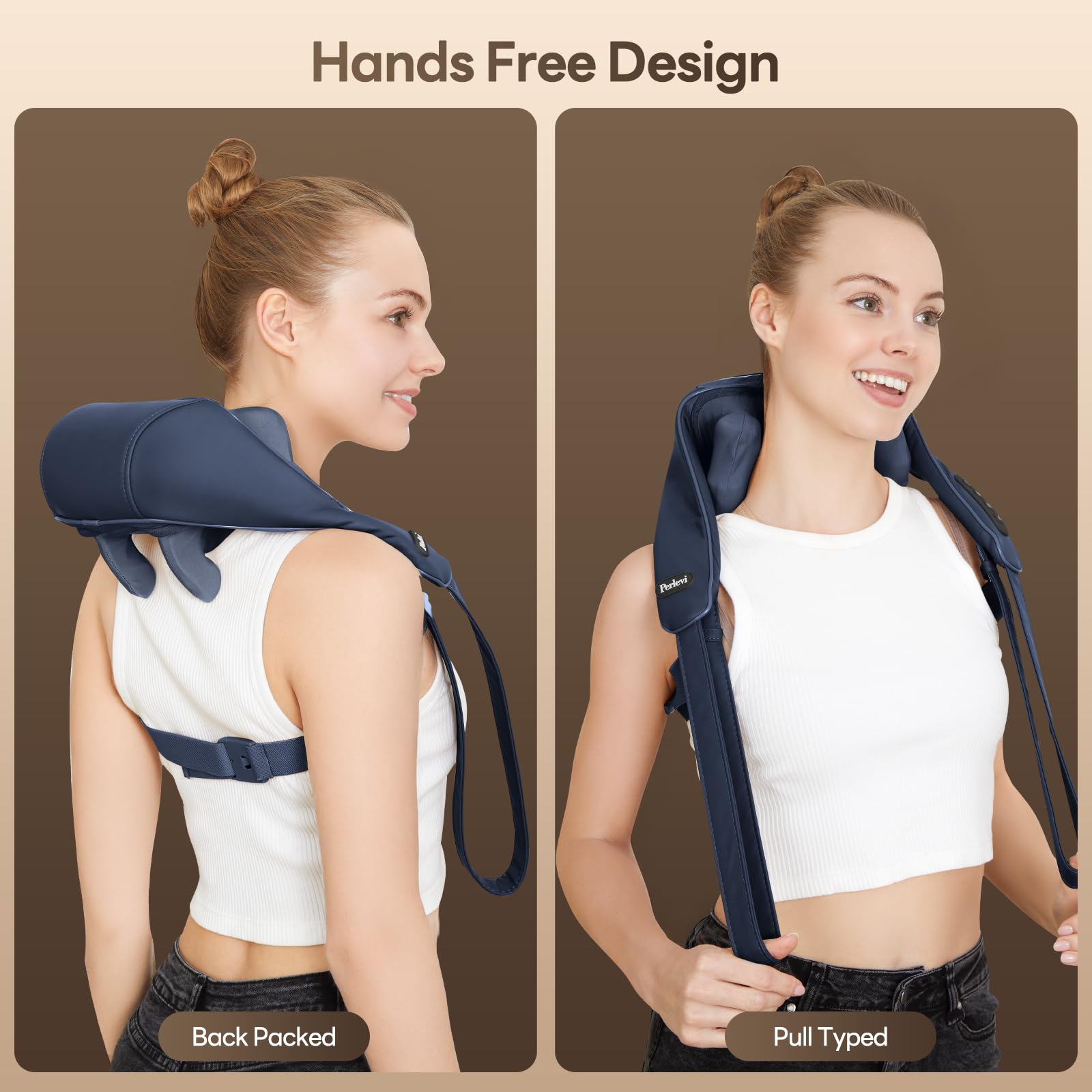 Hands-free design lets you relax while massaging shoulders.