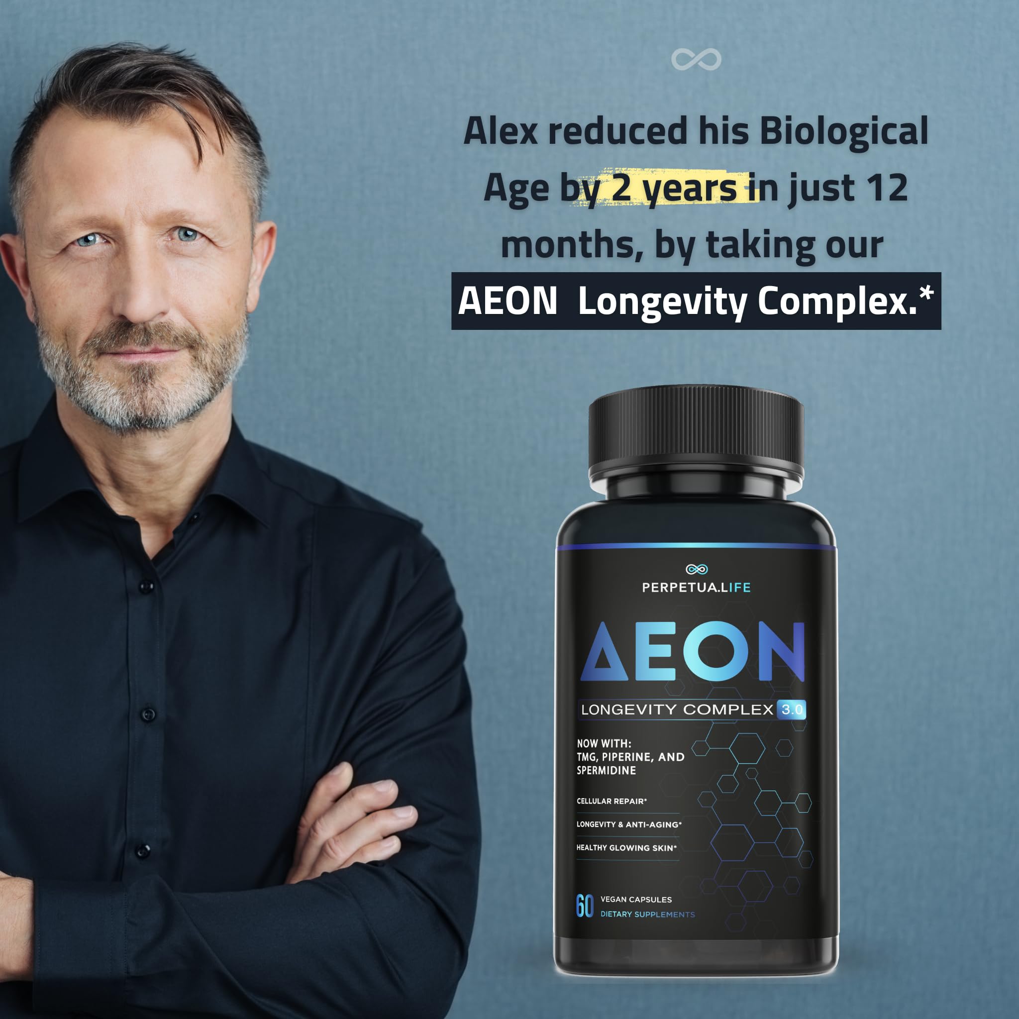 Lifestyle scene of someone taking AEON with water during morning routine.