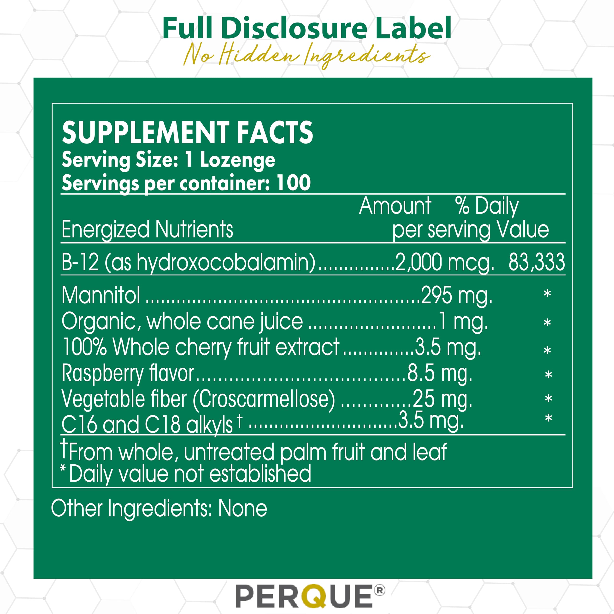 Hand holding a PERQUE Activated B-12 Guard lozenge for quick intake during the day.