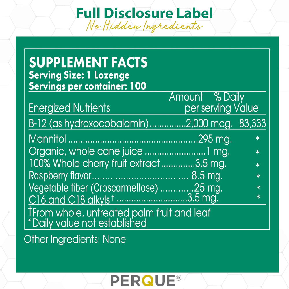 Hand holding a PERQUE Activated B-12 Guard lozenge for quick intake during the day.