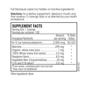 Close-up of PERQUE Activated B-12 Guard lozenges ready to dissolve for daily use.