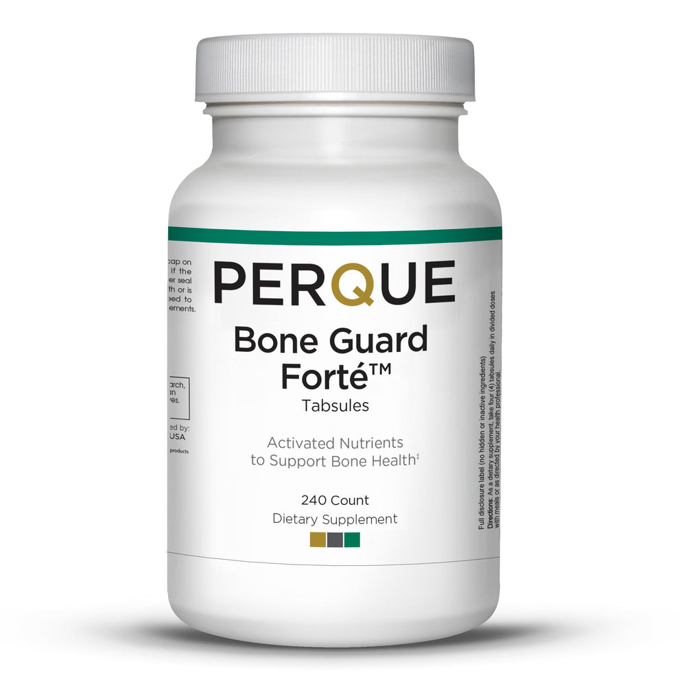 PERQUE Bone Guard Forte 20 bottle with tablets supports daily bone health.