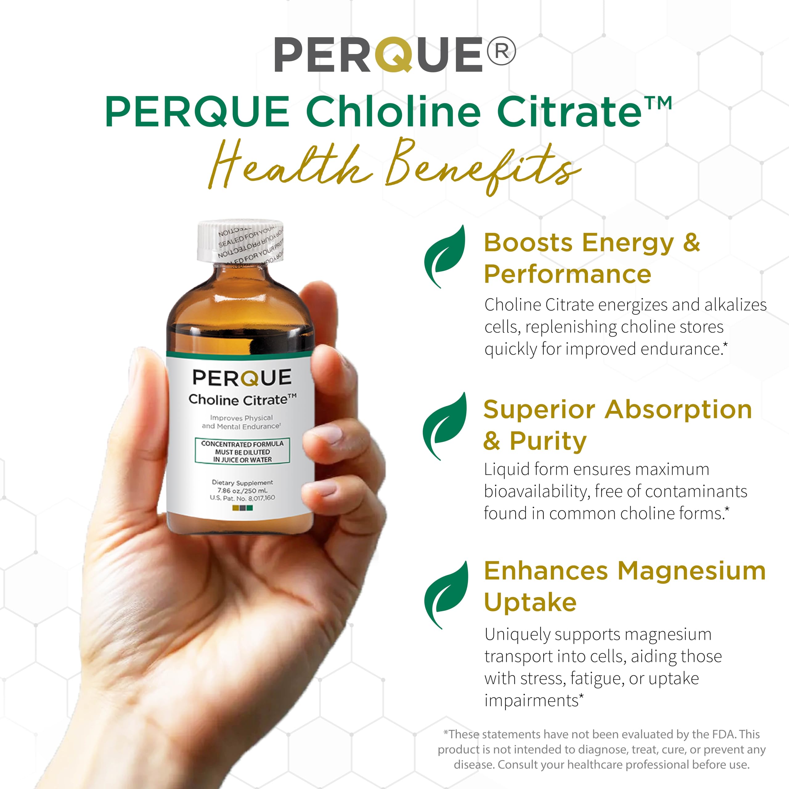 Closeup of PERQUE Choline Citrate label highlighting purity and liquid form.