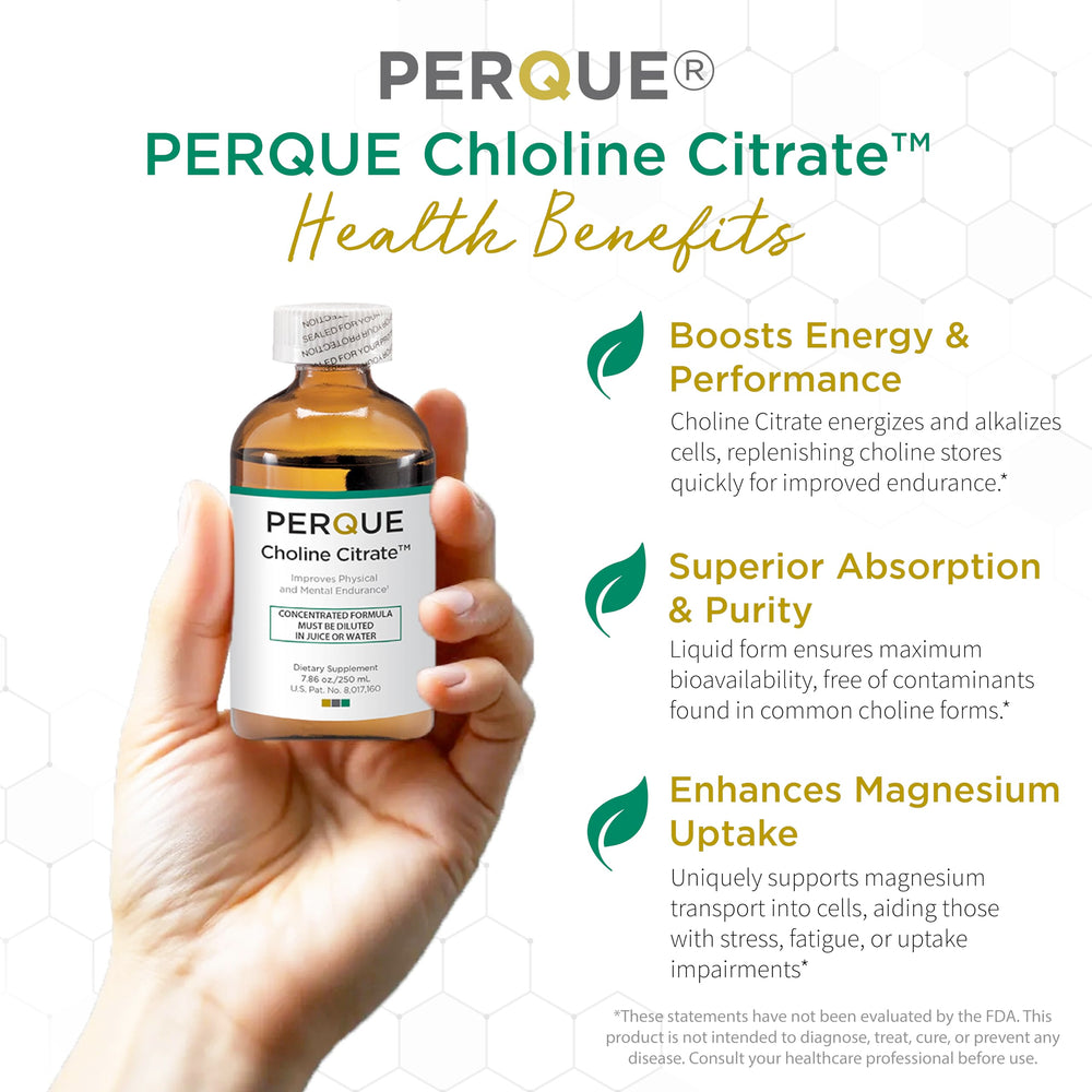 Closeup of PERQUE Choline Citrate label highlighting purity and liquid form.