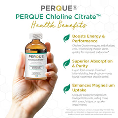 Closeup of PERQUE Choline Citrate label highlighting purity and liquid form.