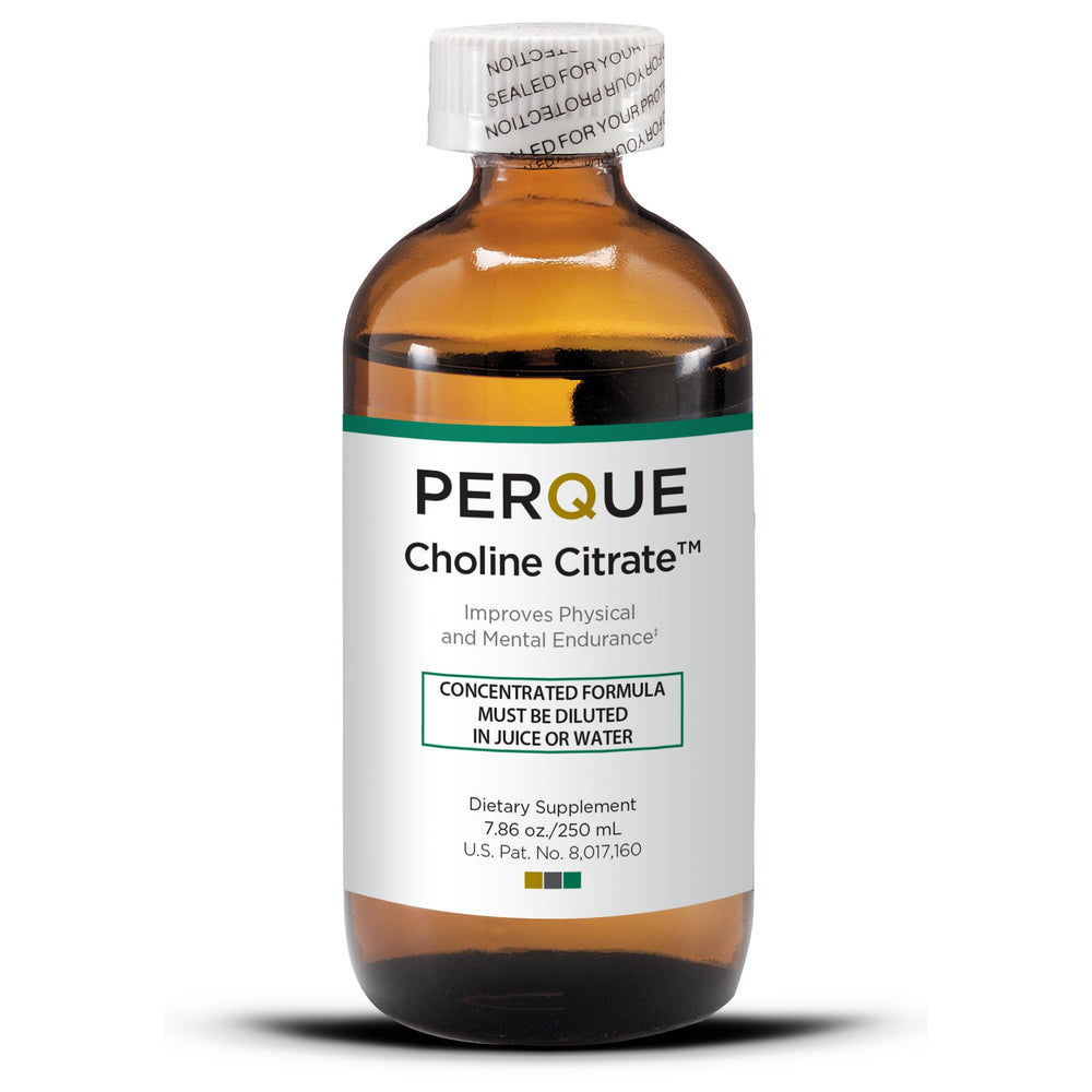 PERQUE Choline Citrate liquid bottle on shelf supports daily energy.