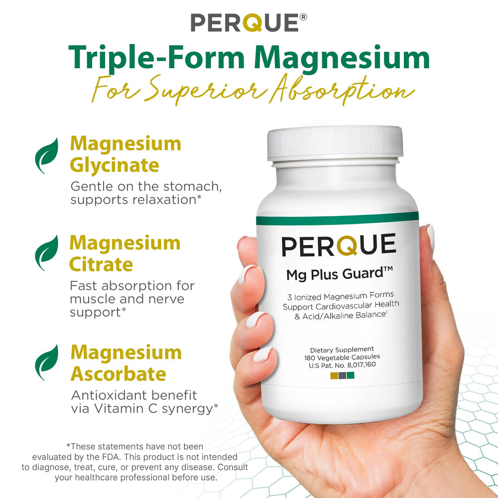 PERQUE Mg Plus Guard capsules designed for easy daily magnesium support