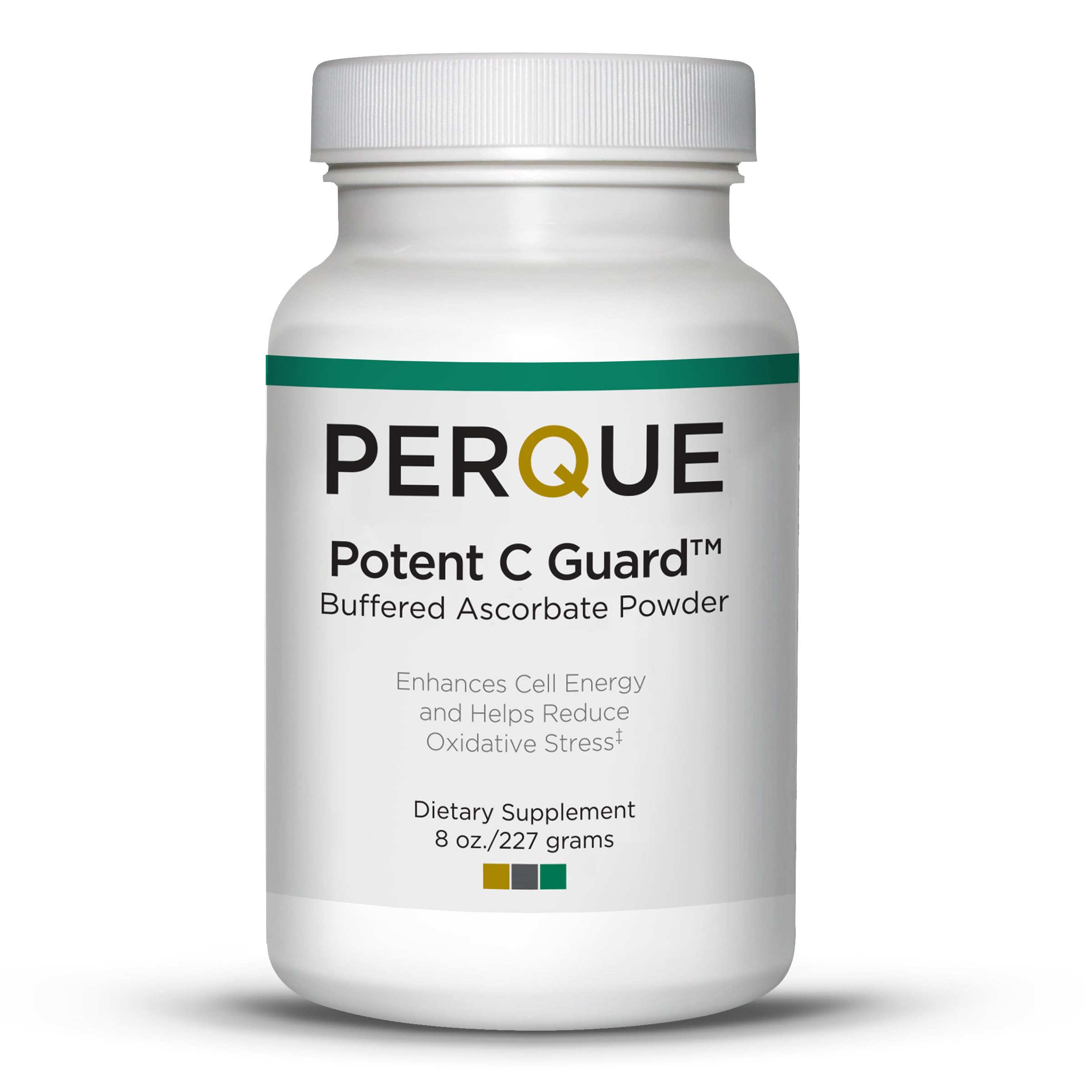 Perque Potent C Guard Powder bottle with label highlighting antioxidant support for daily wellness.