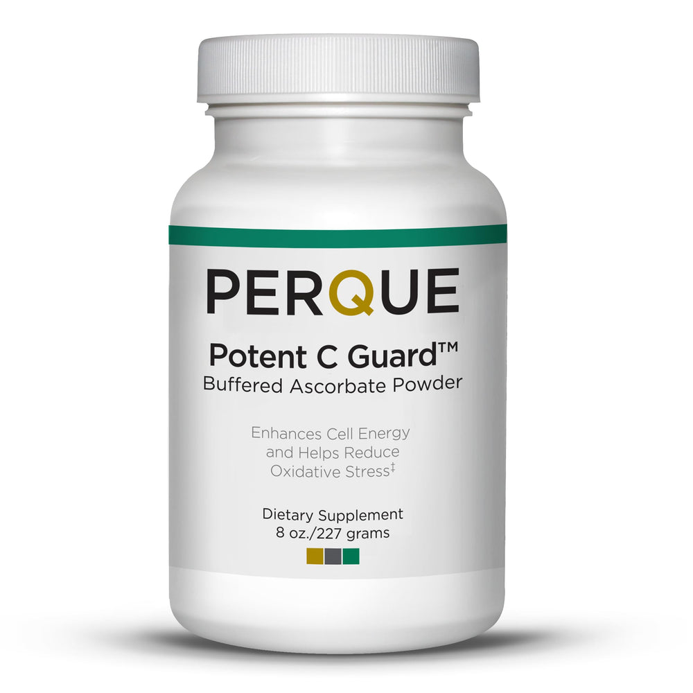 Perque Potent C Guard Powder bottle with label highlighting antioxidant support for daily wellness.