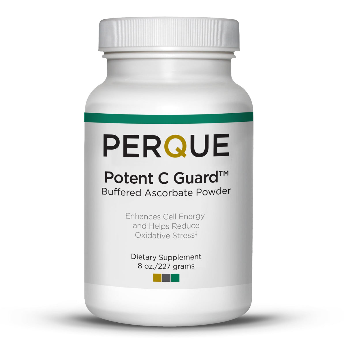 Perque Potent C Guard Powder bottle with label highlighting antioxidant support for daily wellness.