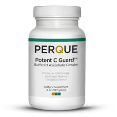 Perque Potent C Guard Powder bottle with label highlighting antioxidant support for daily wellness.