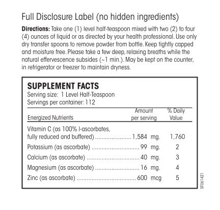 Perque Potent C Guard Powder scoop highlighting buffered vitamin C for easy mixing.