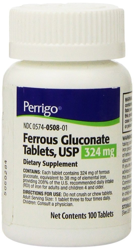Perrigo Ferrous Gluconate green tablets front view for daily iron support