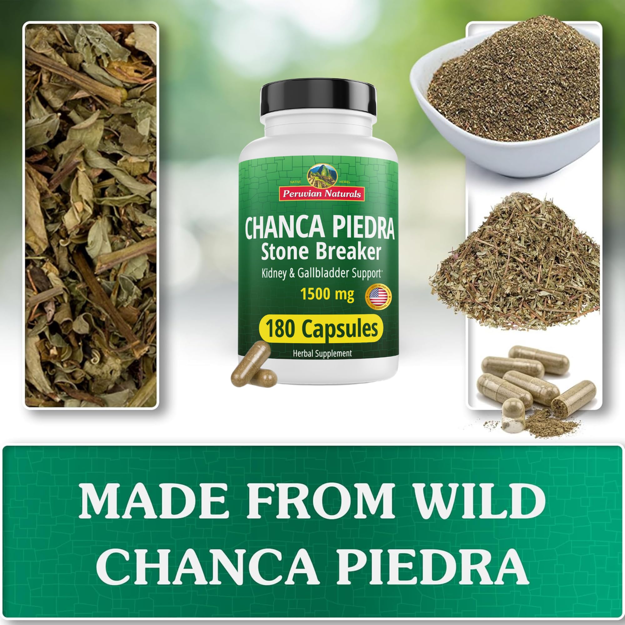 Glass with pills scene from Peruvian Naturals suggests easy daily intake.