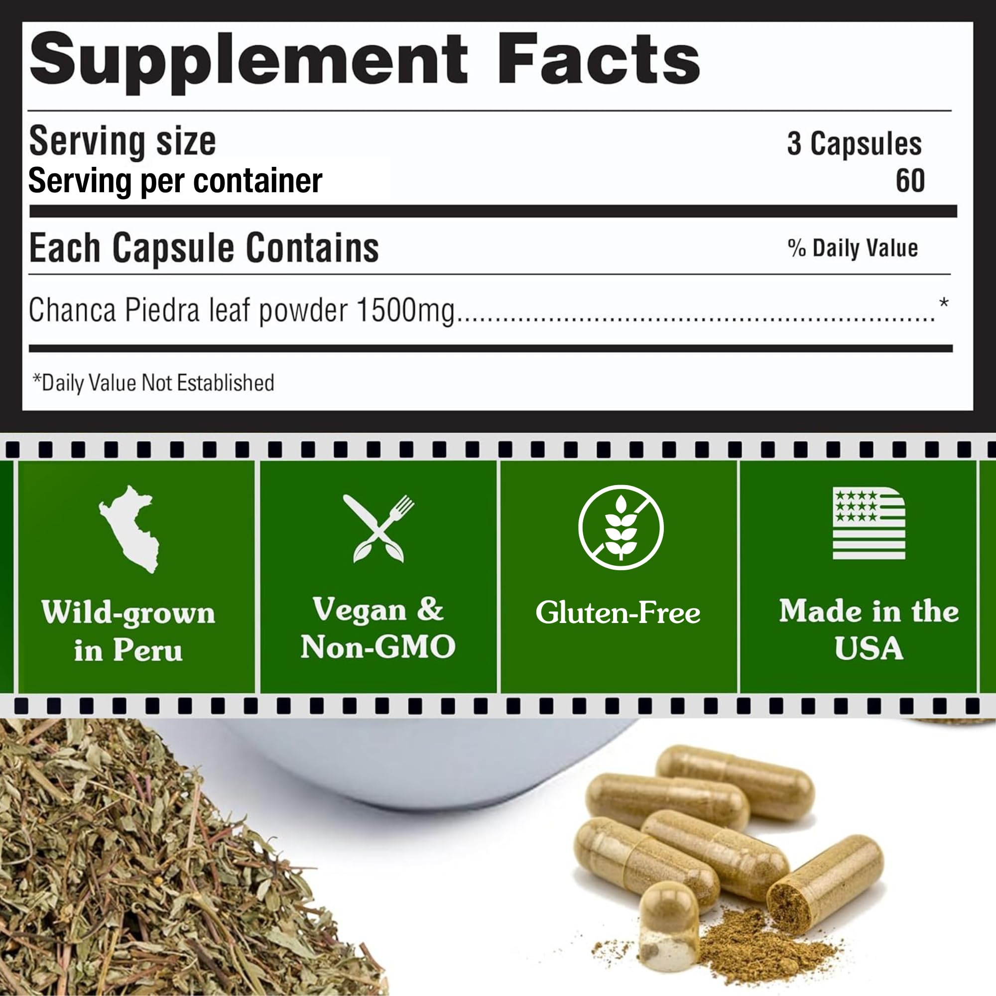 Peruvian Naturals Chanca Piedra packaging side view showing 180 capsules count