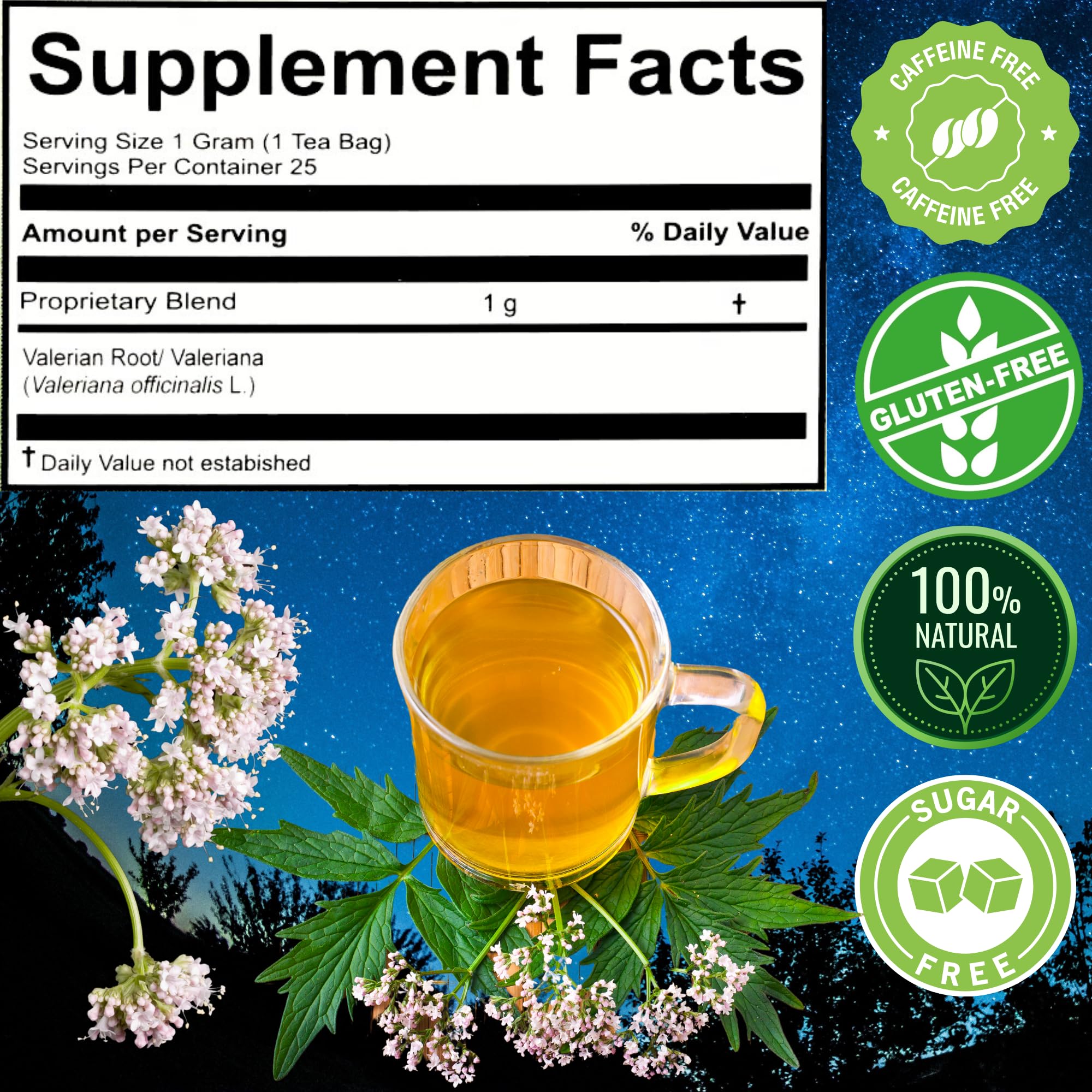 Peruvian Naturals label highlighting non-GMO and pure valerian