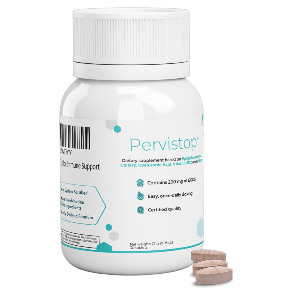 Pervistop immune-support bottle shown for daily wellness.
